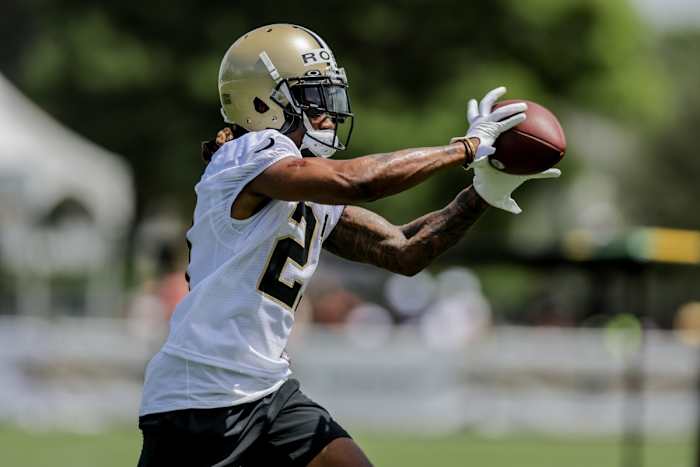 New Orleans Saints cornerback Bradley Roby (21) during minicamp at the Saints Training Facility. Mandatory Credit: Stephen Lew-USA TODAY